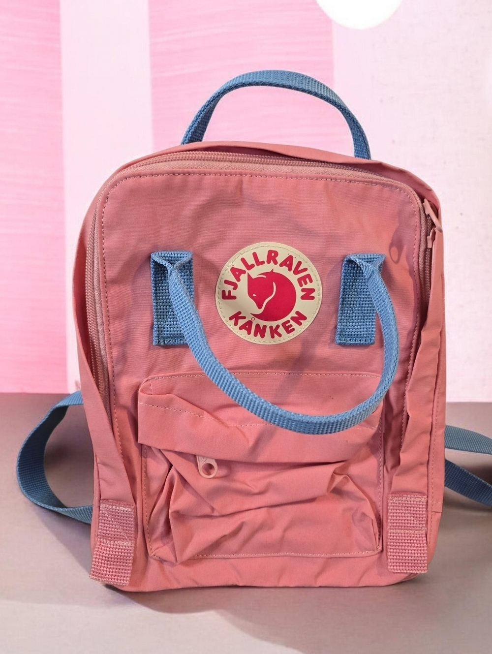 Fjallraven Kånken Mini Backpack in Dusty Pink with Blue Straps